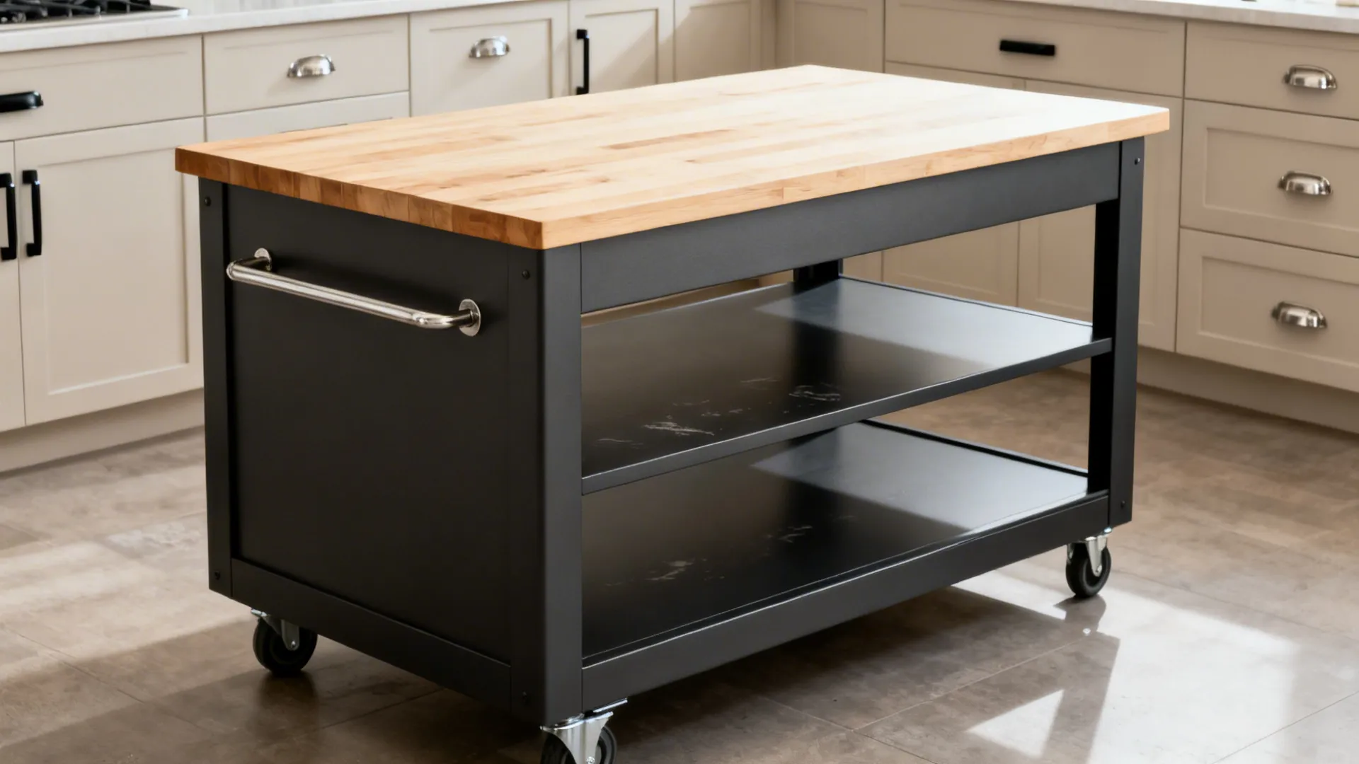 Two-tone kitchen trolley with light oak top and charcoal base in a compact modern kitchen.