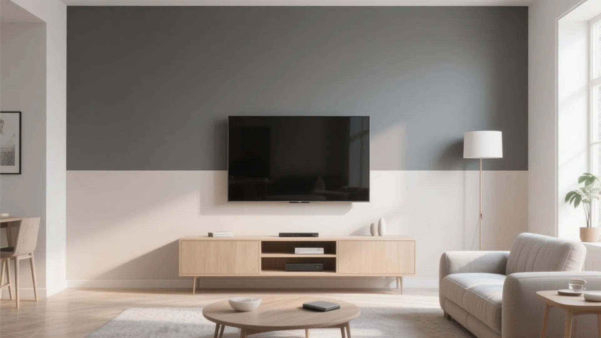 Minimalist living room with grey and beige wall television wooden cabinet floor lamp and comfortable sofa