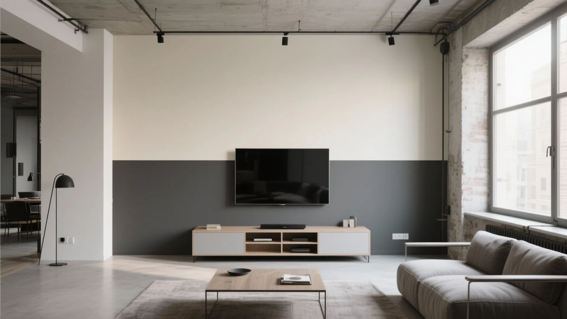 Minimalist living room with two tone grey and white wall behind television and wooden cabinet