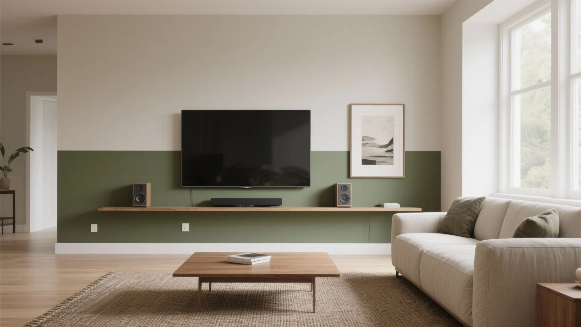 Two-Tone Color Blocking Behind the Sofa or TV Wall