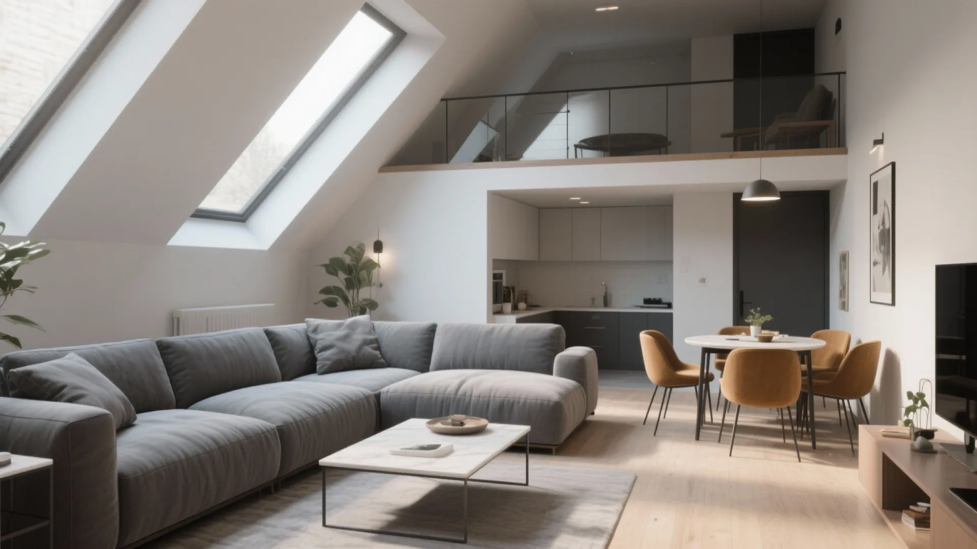 Modern open living room with grey sofa dining table orange chairs and big roof windows