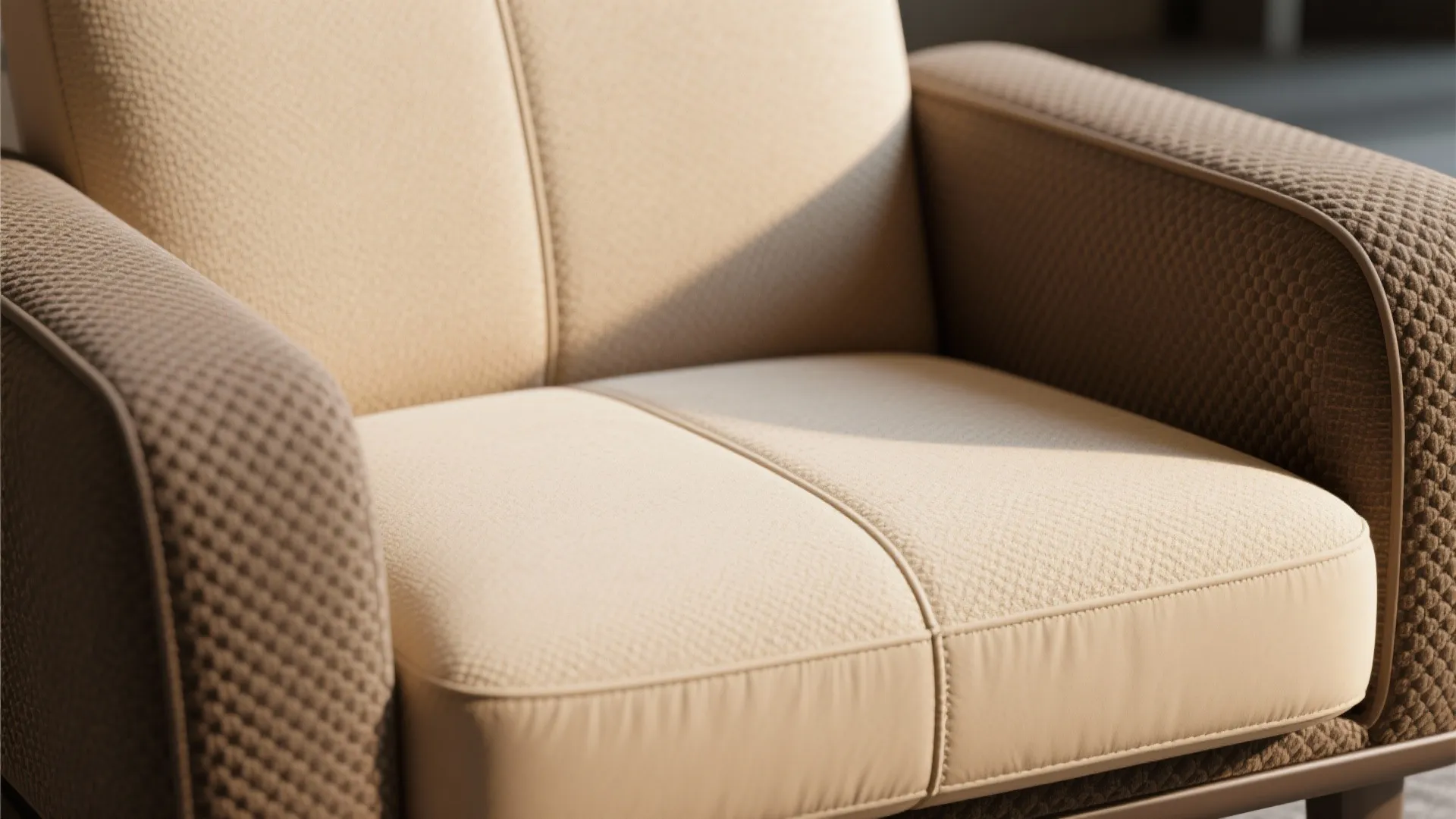 Close up of a two tone sofa with brown textured sides and beige fabric seat cushions