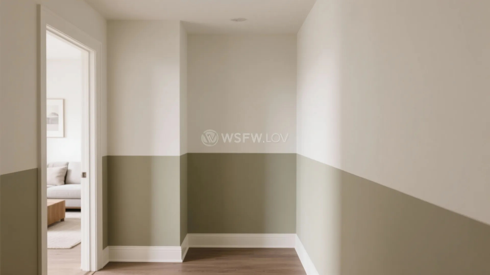 Modern empty hallway with cream upper walls and olive green lower wall panel paint design