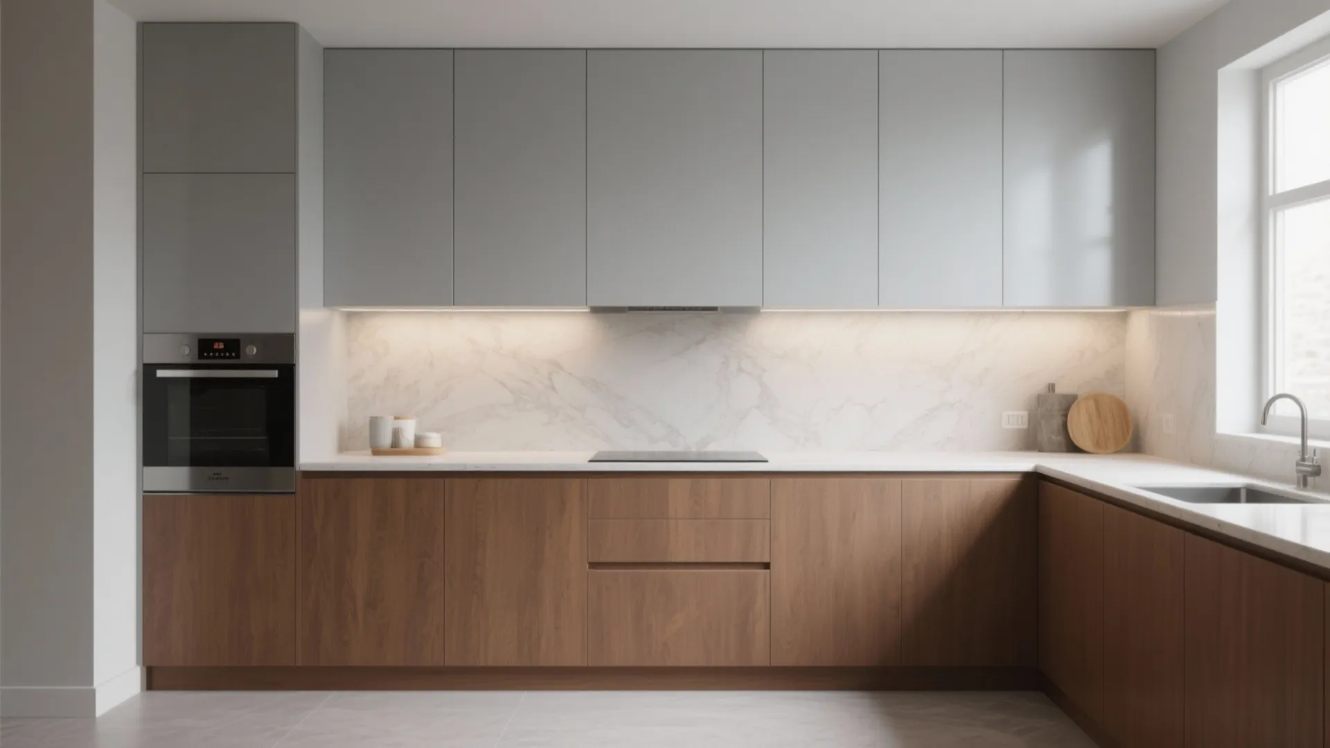 Kitchen with light grey upper cabinets and warm brown lower cabinets, semi-gloss uppers and satin lowers.
