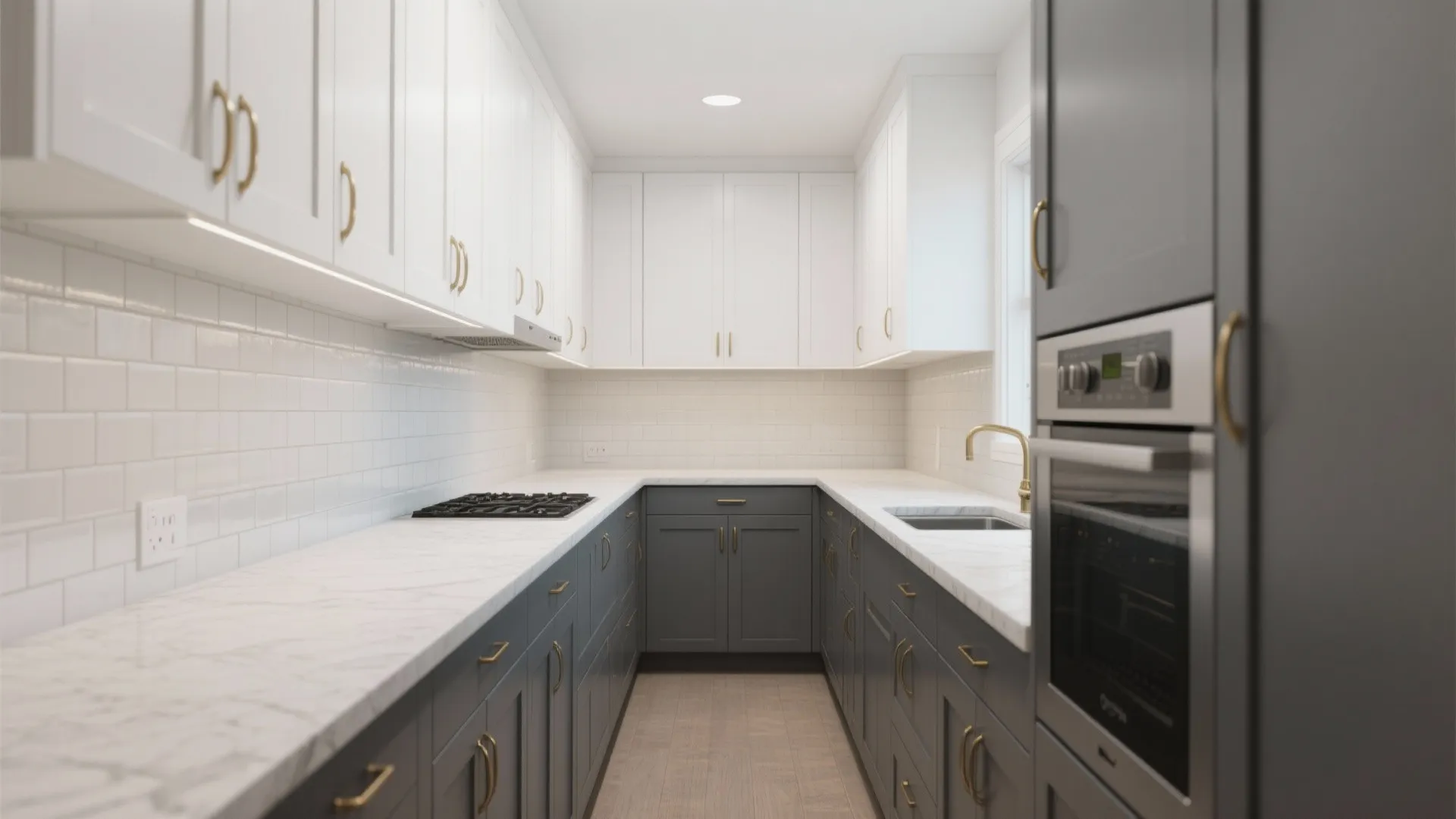 Narrow galley kitchen with white upper cabinets and darker grey lower cabinets creating height and grounding.