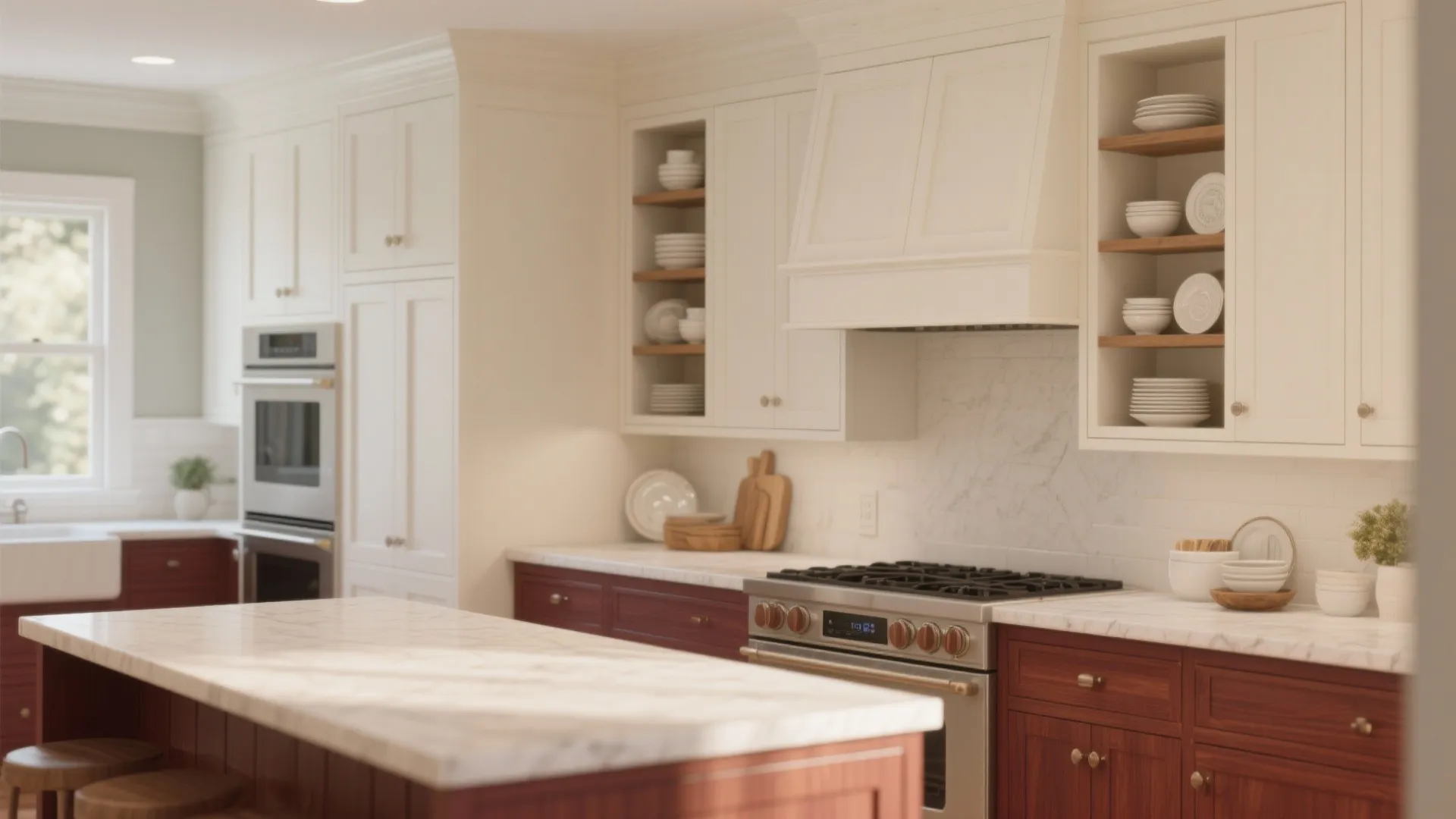 Modern kitchen with white upper cabinets wood base units marble countertop gas stove and open shelving