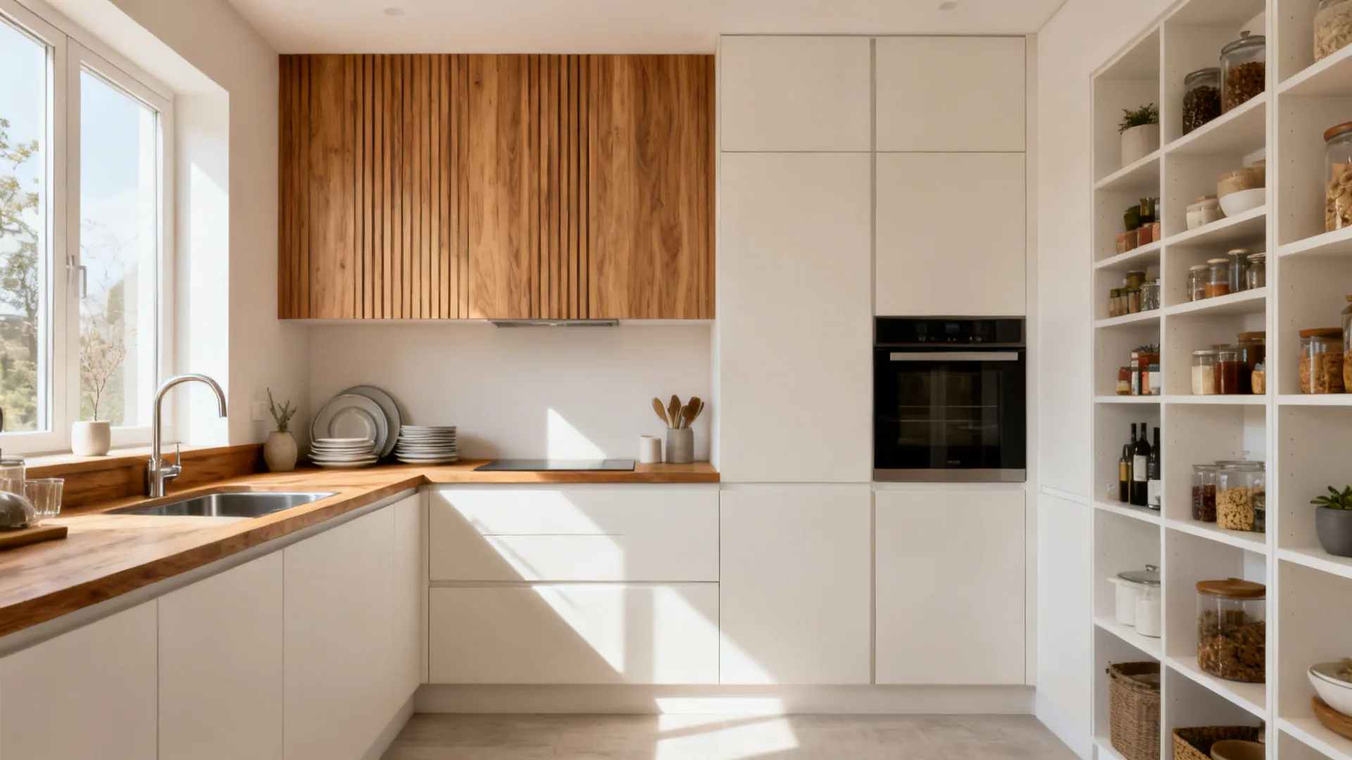 Two-tone small kitchen with oak veneer uppers on one wall and light painted uppers on the other.