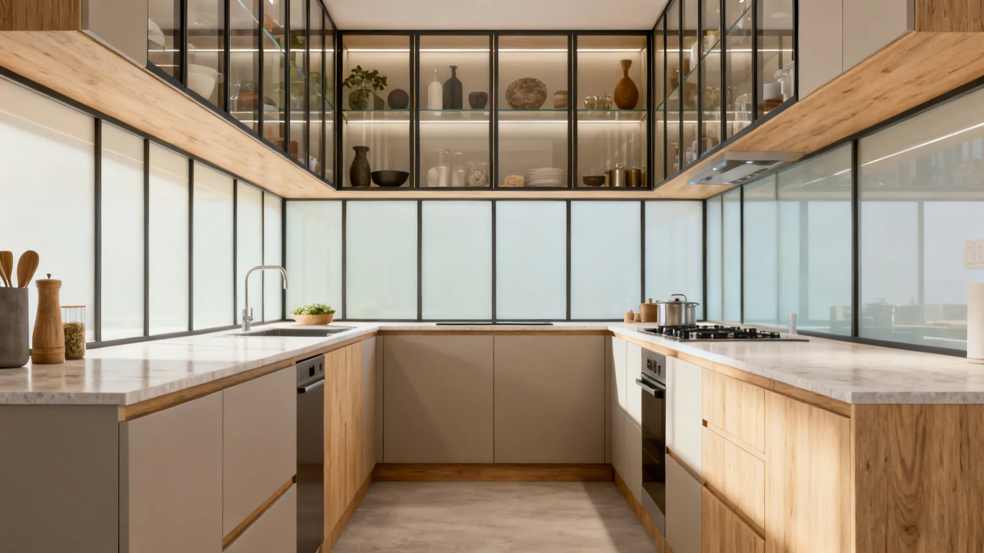Galley kitchen with clear glass uppers above and soft-tinted glass below for balanced openness and privacy.