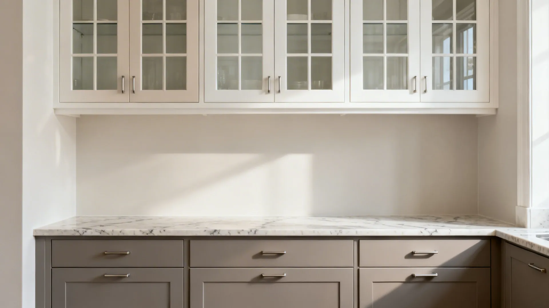 Kitchen with white glass upper cabinets and brown lower drawers under a white marble countertop