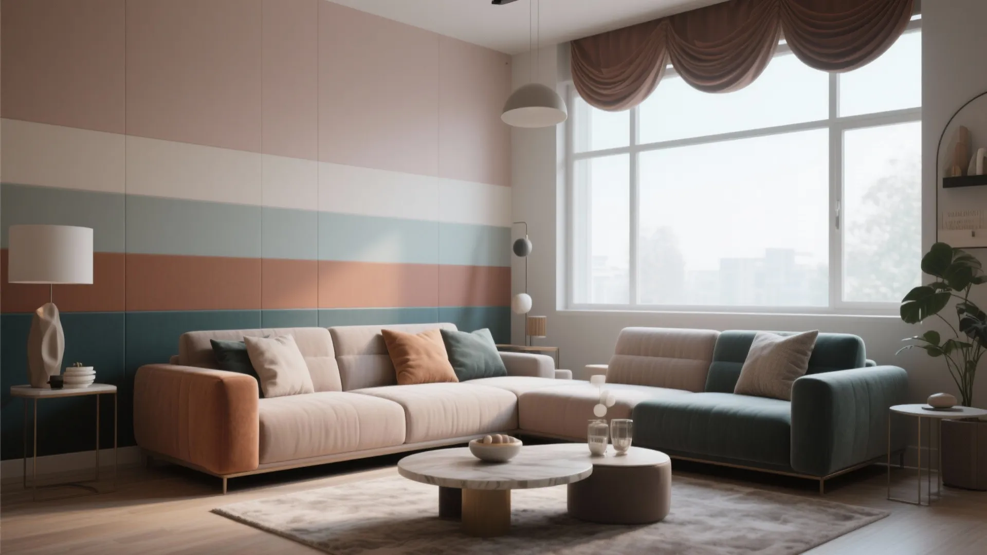 Living room with two-tone valance matching wall and sofa colors