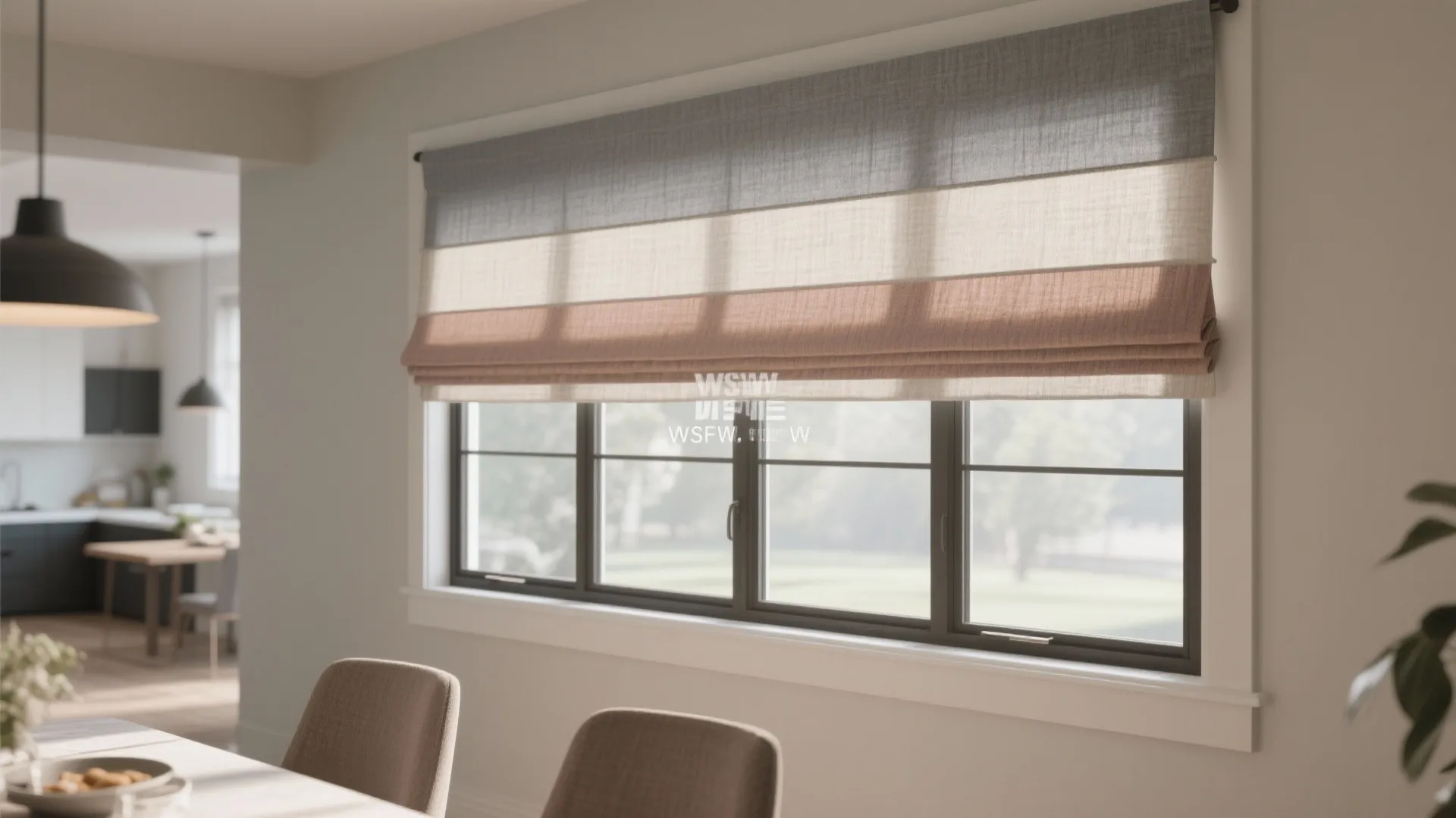 Modern dining room with striped grey and pink curtains over window near the open kitchen