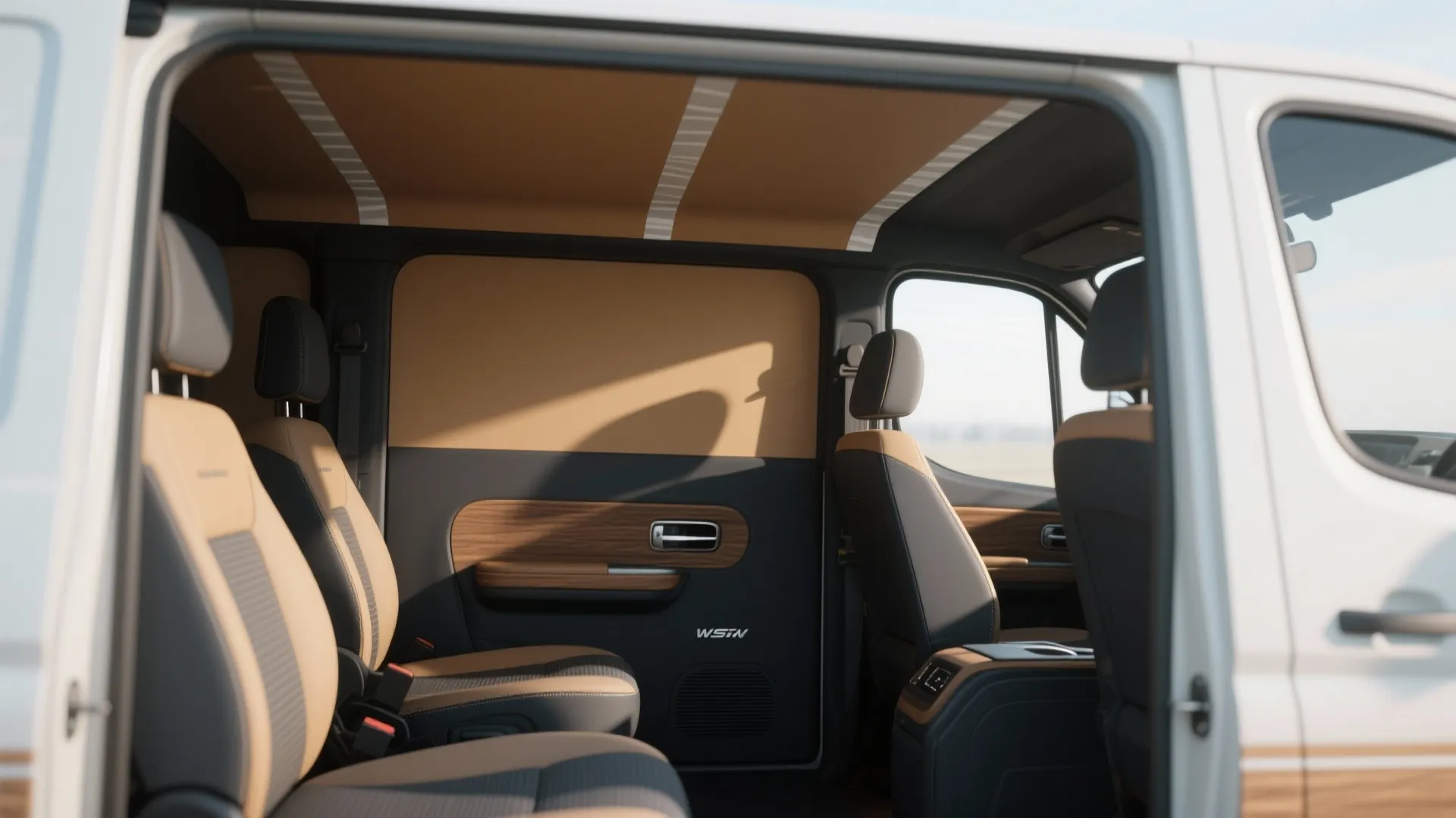Compact van cabin with two-tone vinyl color blocking: darker lower panels and lighter upper band with crisp masking lines.