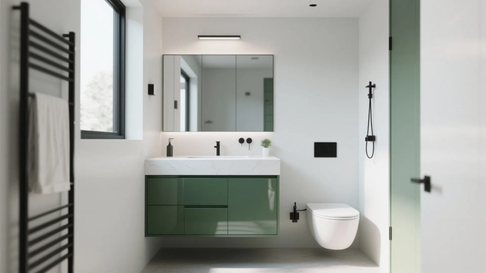 Two-tone green and white vanity in small bathroom
