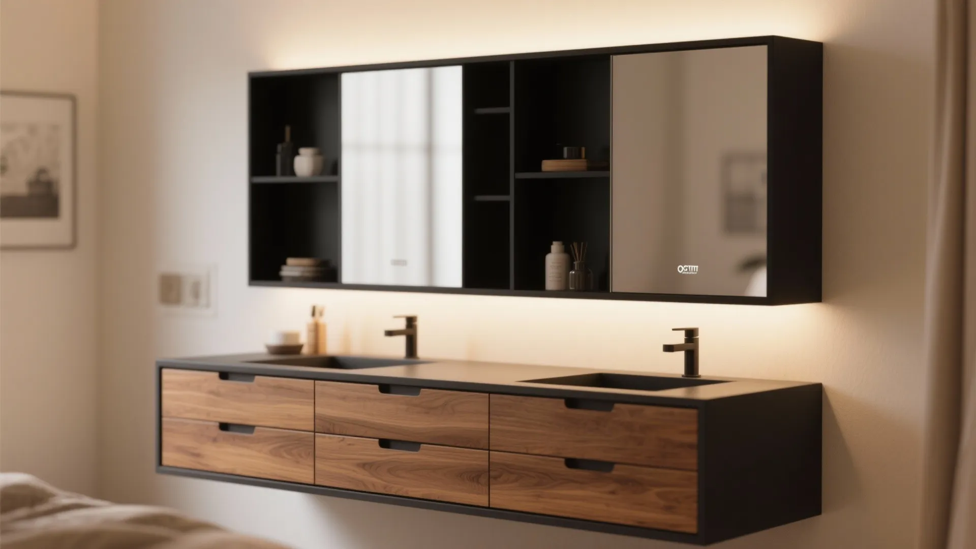 Modern bathroom vanity with wood drawers black counter double sinks and large mirrored wall cabinet