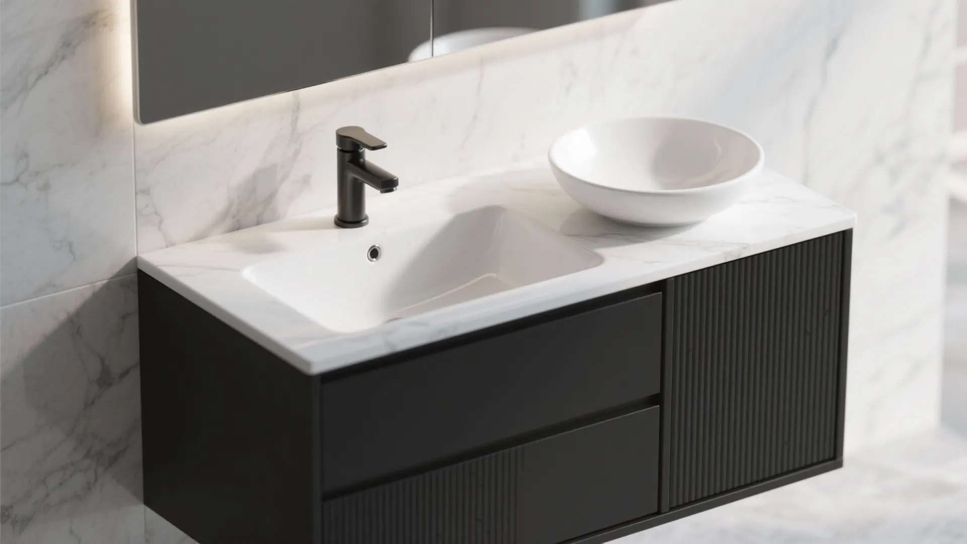 4. Two-tone vanity: black base with white vessel sink