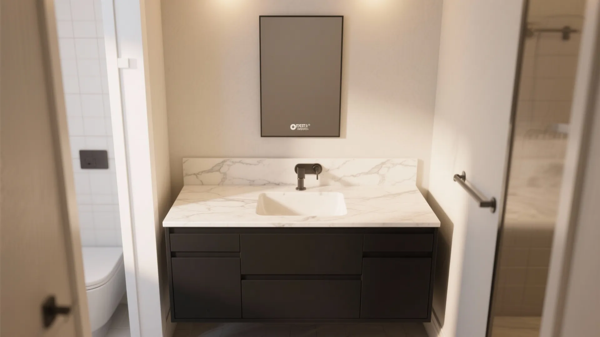 5. Two-tone vanity: black base, light countertop