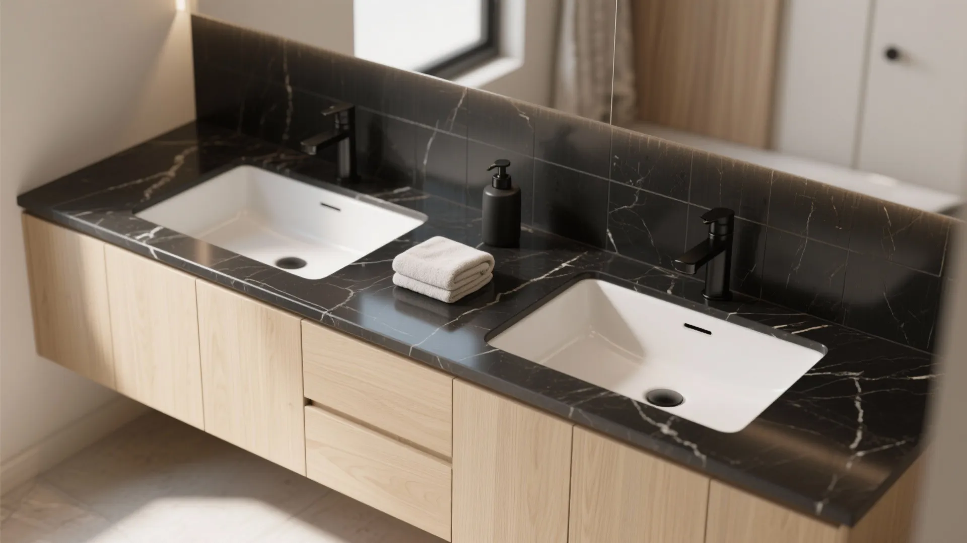 Close up view of wooden bathroom cabinet with black marble top and two white sinks