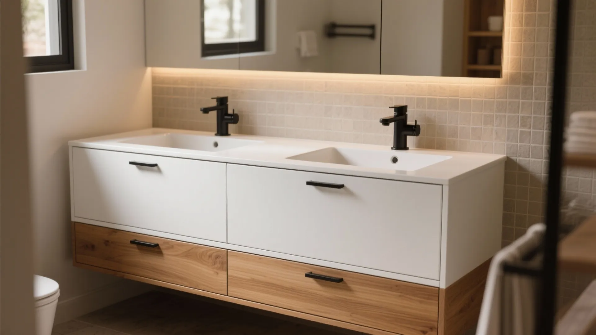 Two-tone vanity: white front, wood or matte base