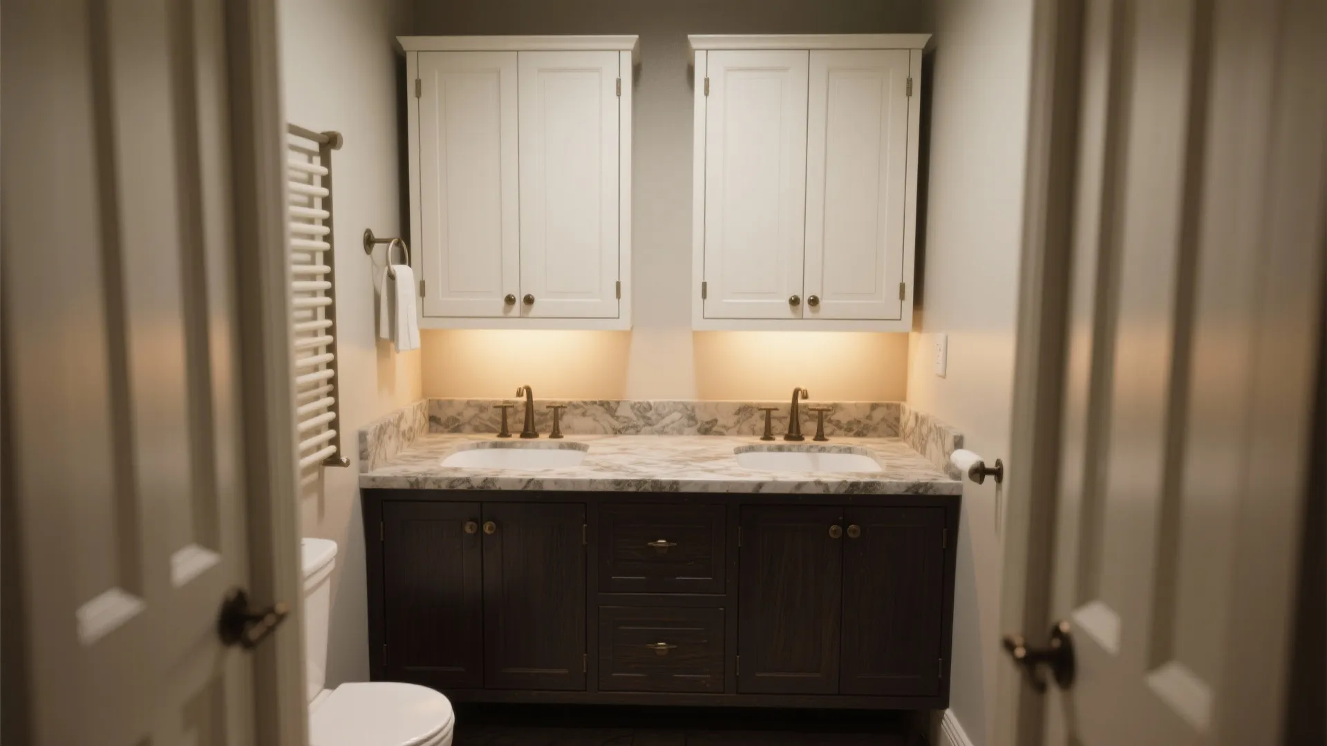 3. Two-Tone Cabinets: Antique White + Dark Base