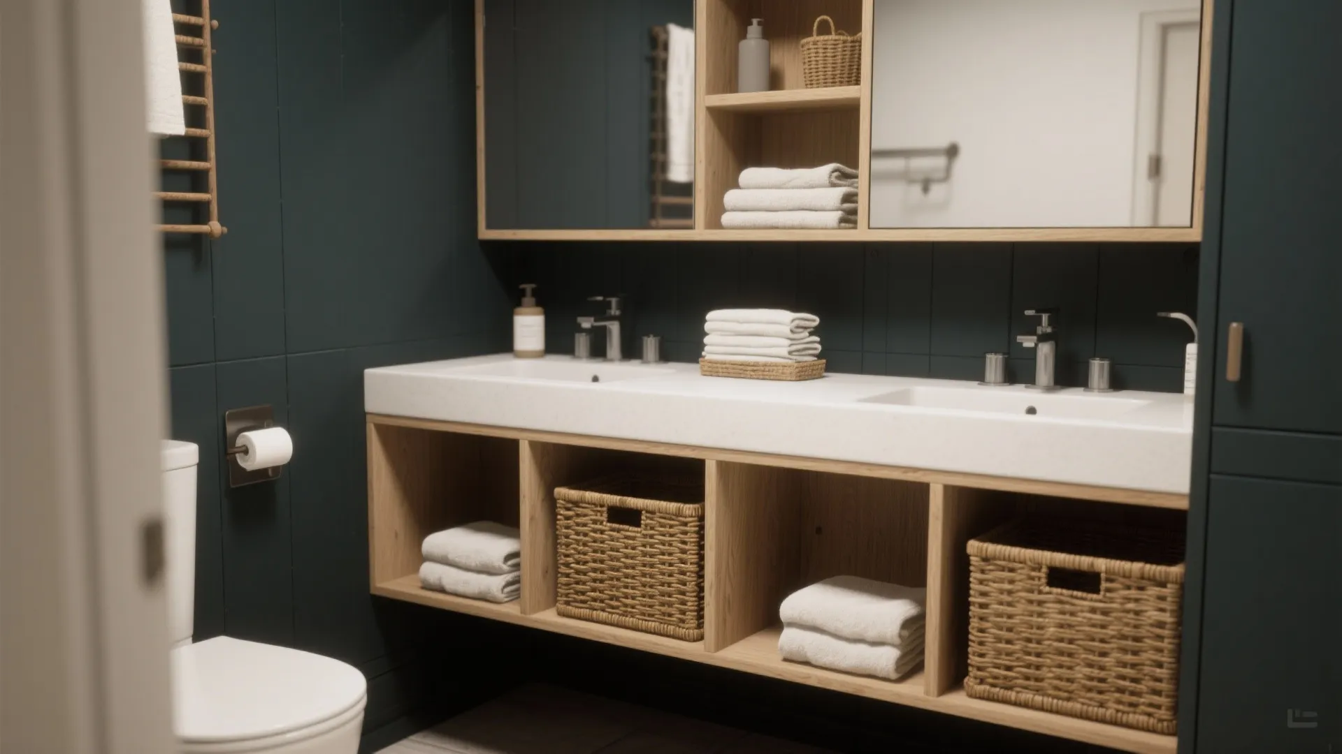 Two-tone small vanity with dark base and light open shelving styled with baskets