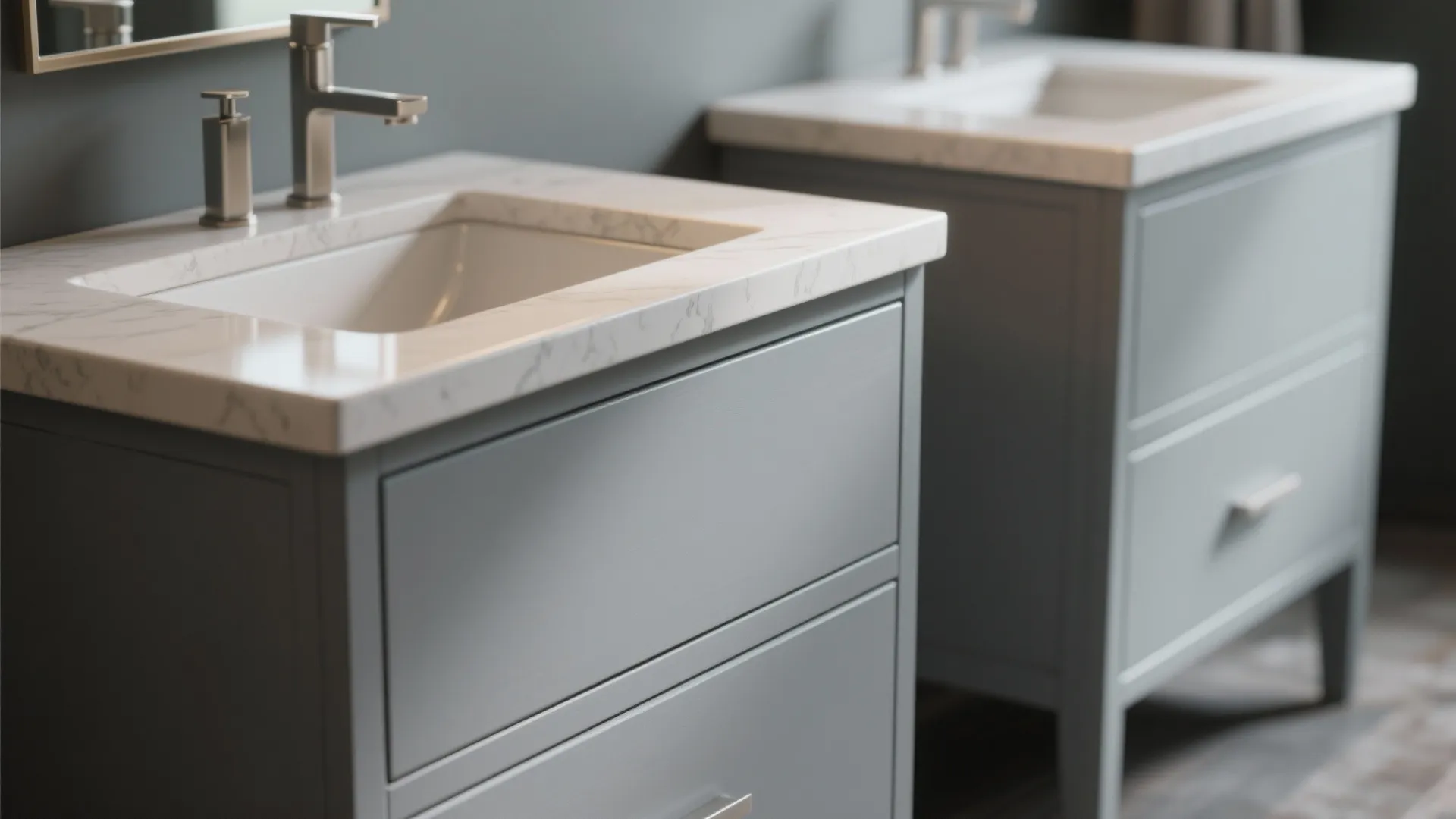 Modern grey bathroom cabinet with marble top and silver faucet shown in a close up view