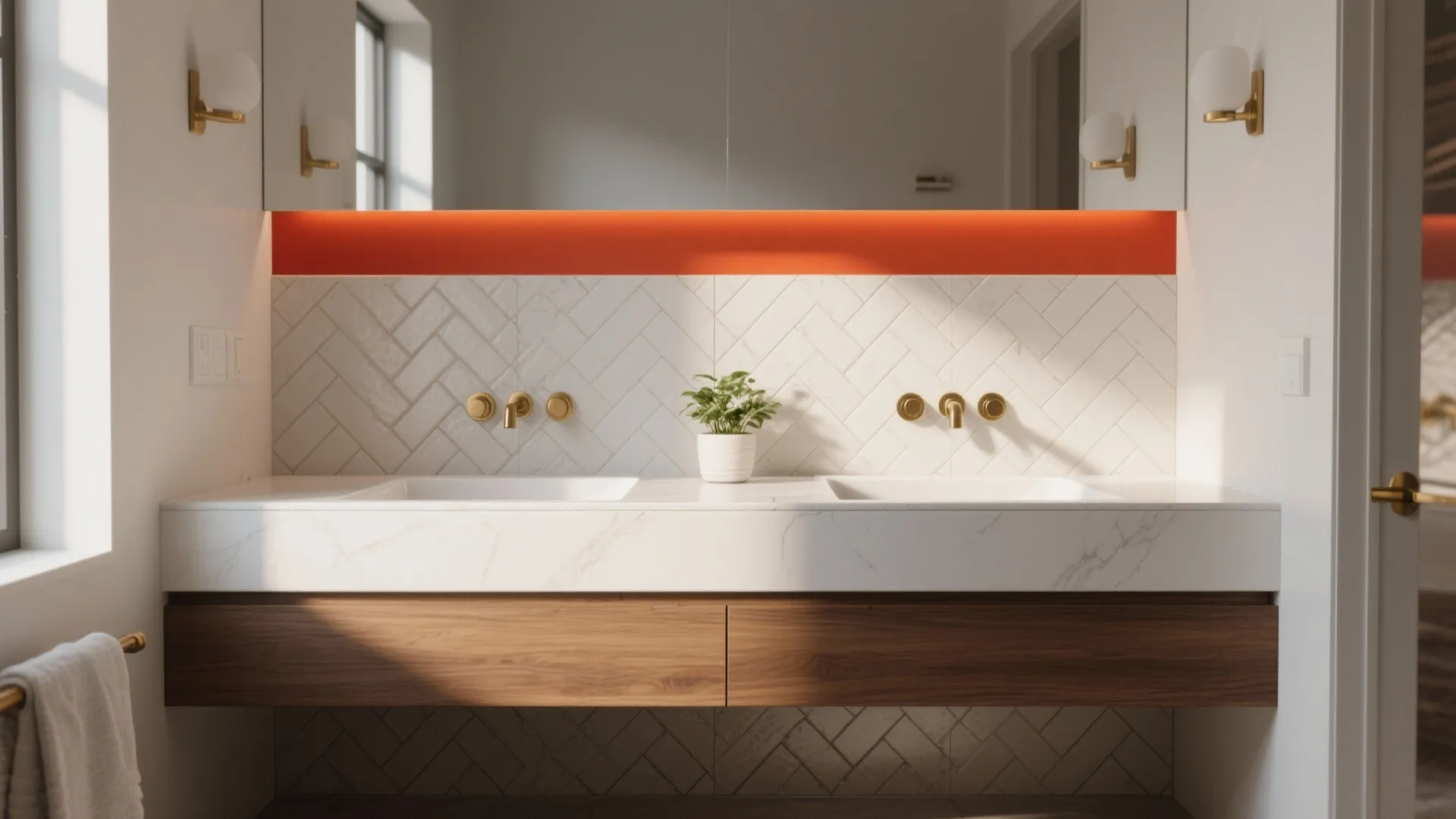 5. Two-Tone White Vanity with Accent Tile Backdrop