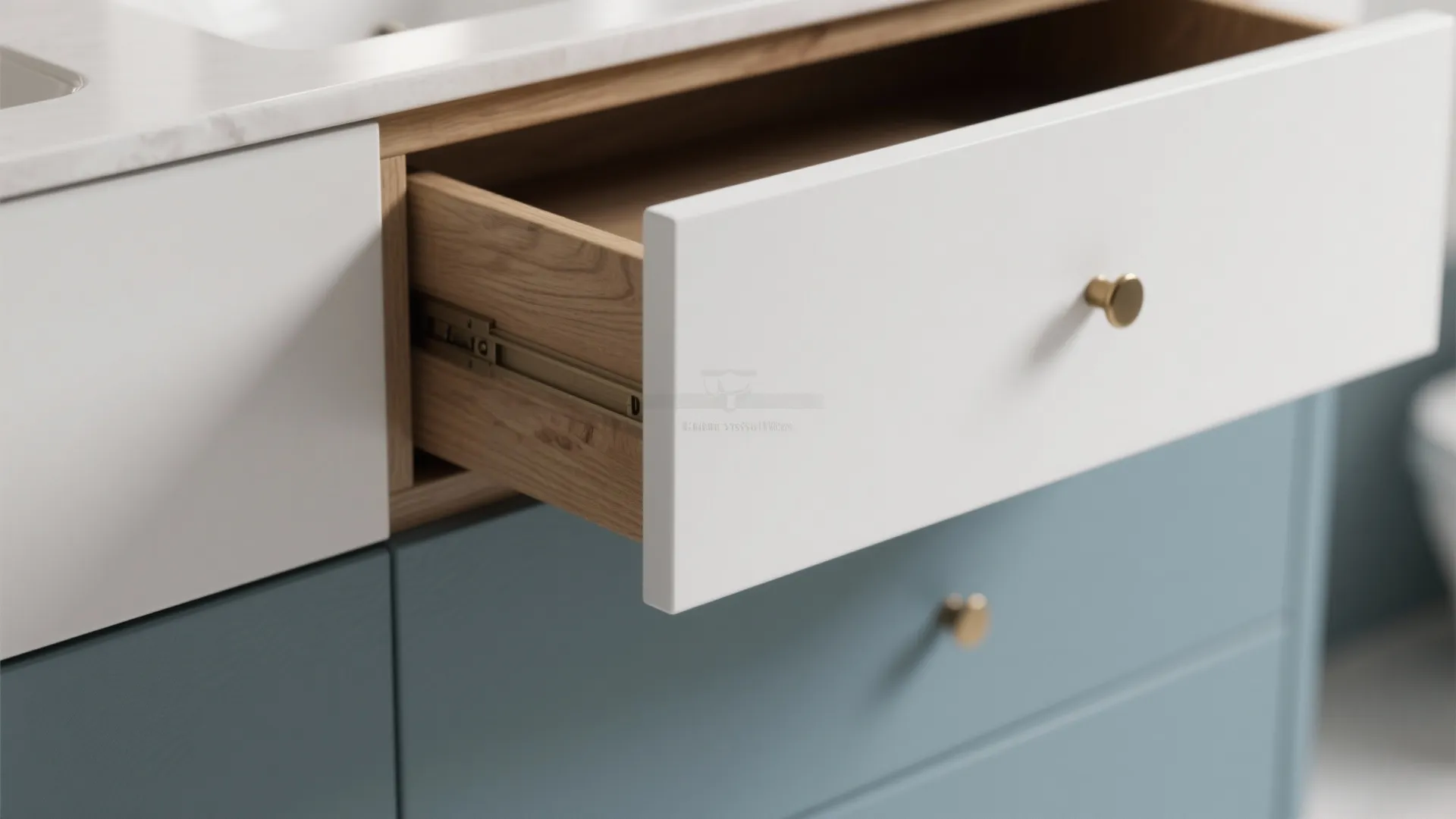 Modern blue and white bathroom cabinet with open wooden drawer showing metal slide and knobs