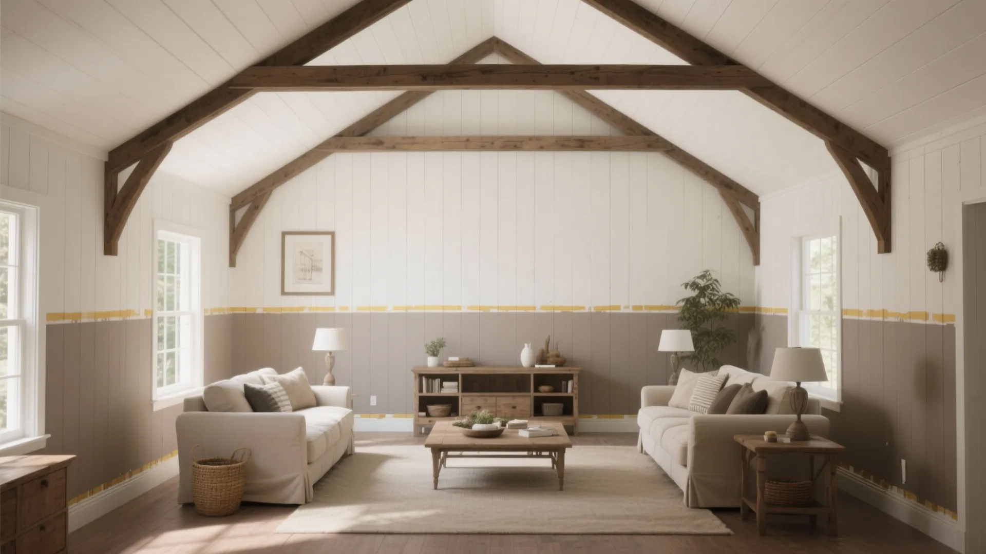 Spacious living room with wooden ceiling beams two grey sofas wall panel and a coffee table