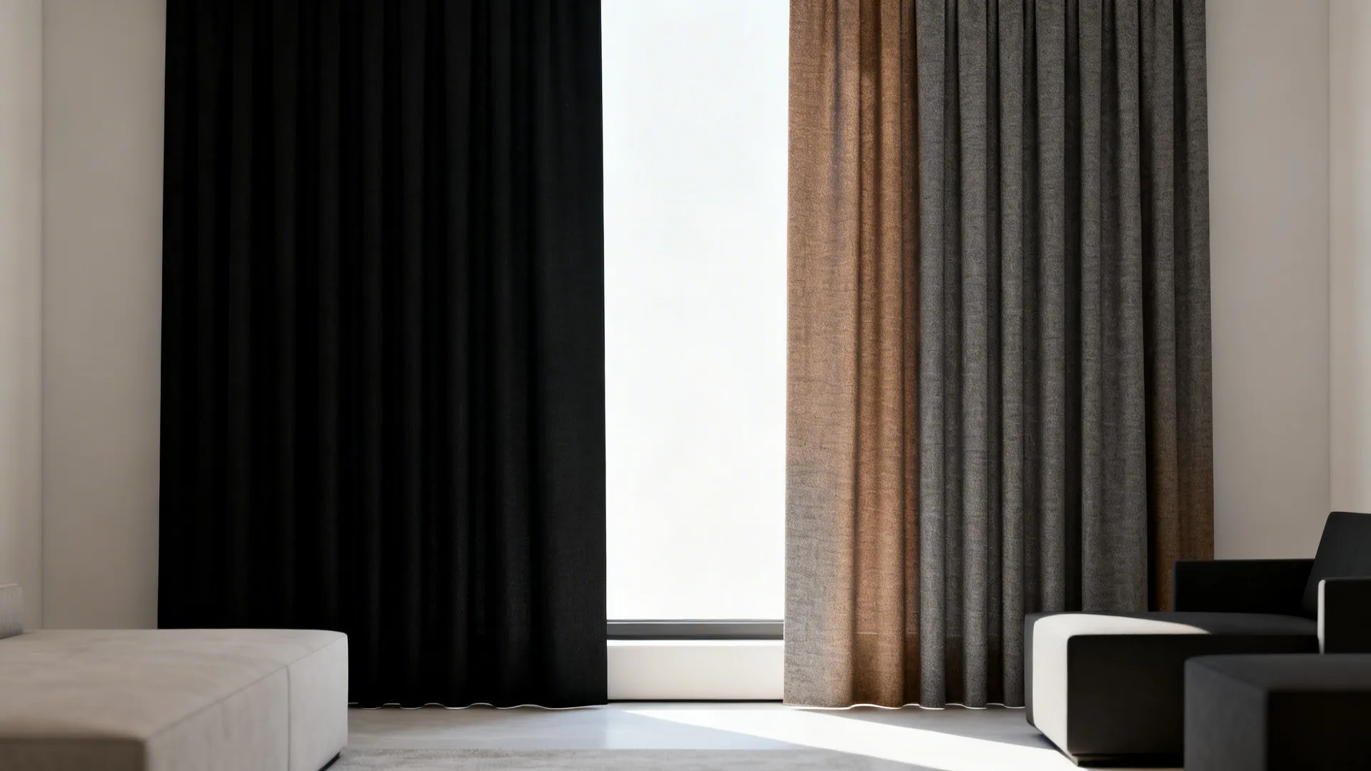 Floor-to-ceiling vertically split black and grey curtain panels creating a graphic window treatment