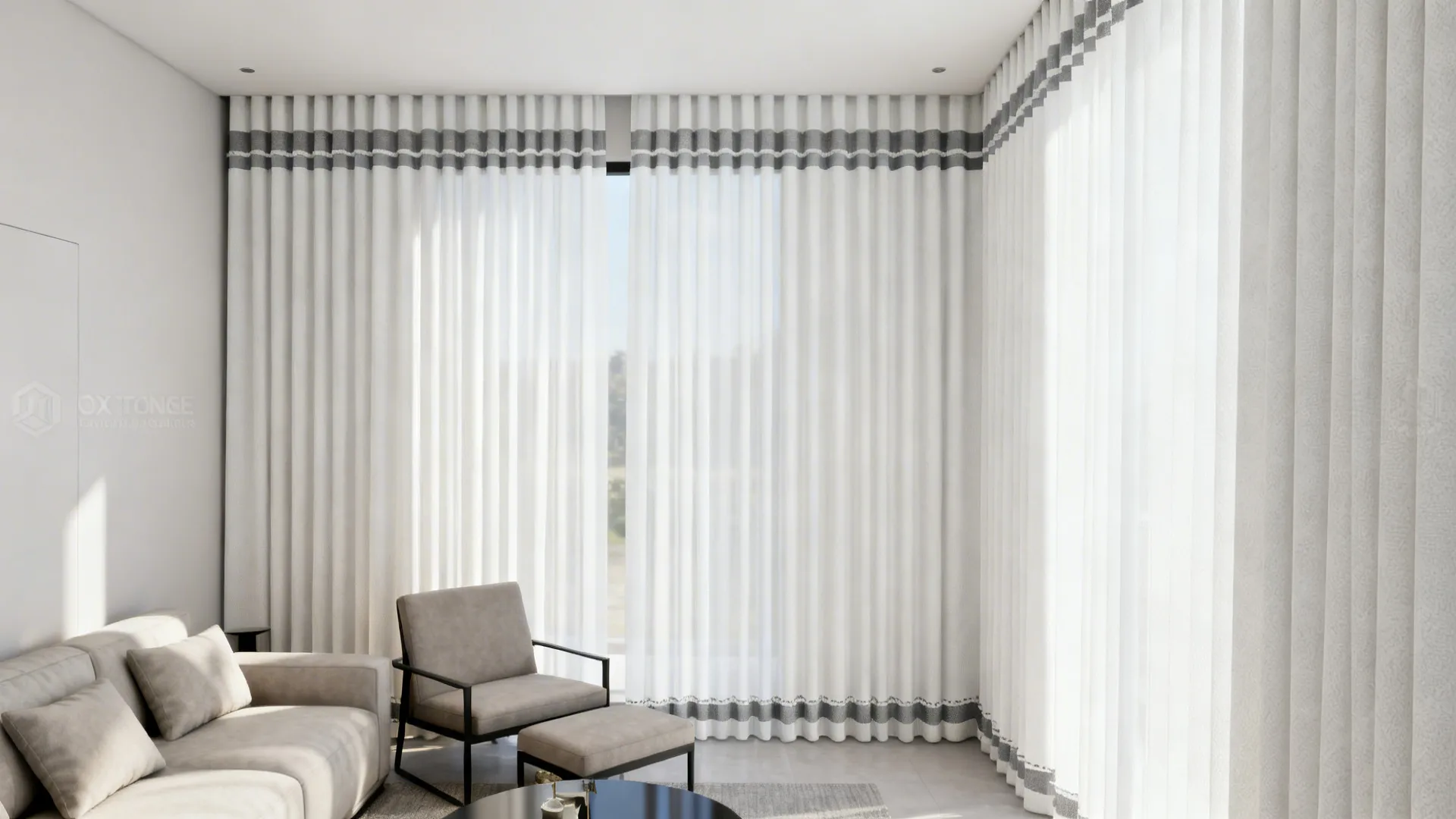 White curtains with gray stripe details in a bright living room with sofa and armchair