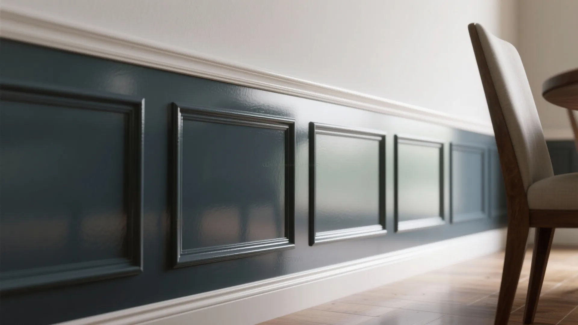 Dark blue wall panel with white trim details next to a chair and wood floor