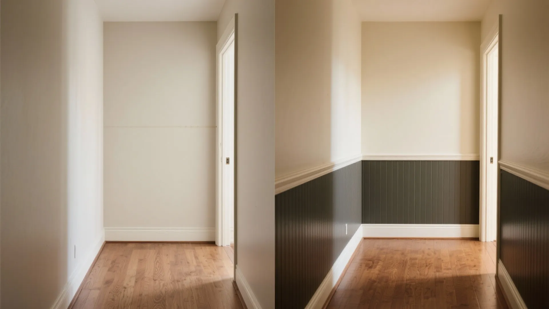 Before and after comparison of a plain white wall versus a wall with grey panels