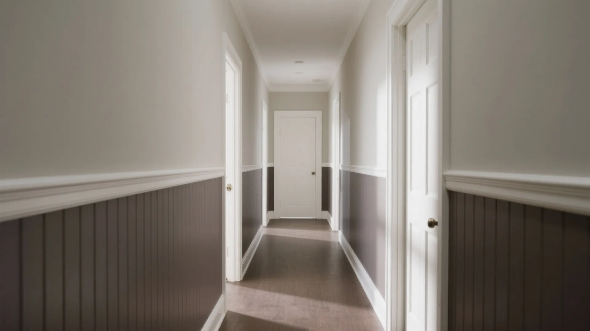 Bright narrow hallway featuring brown wall panel white upper walls white doors and dark wood flooring