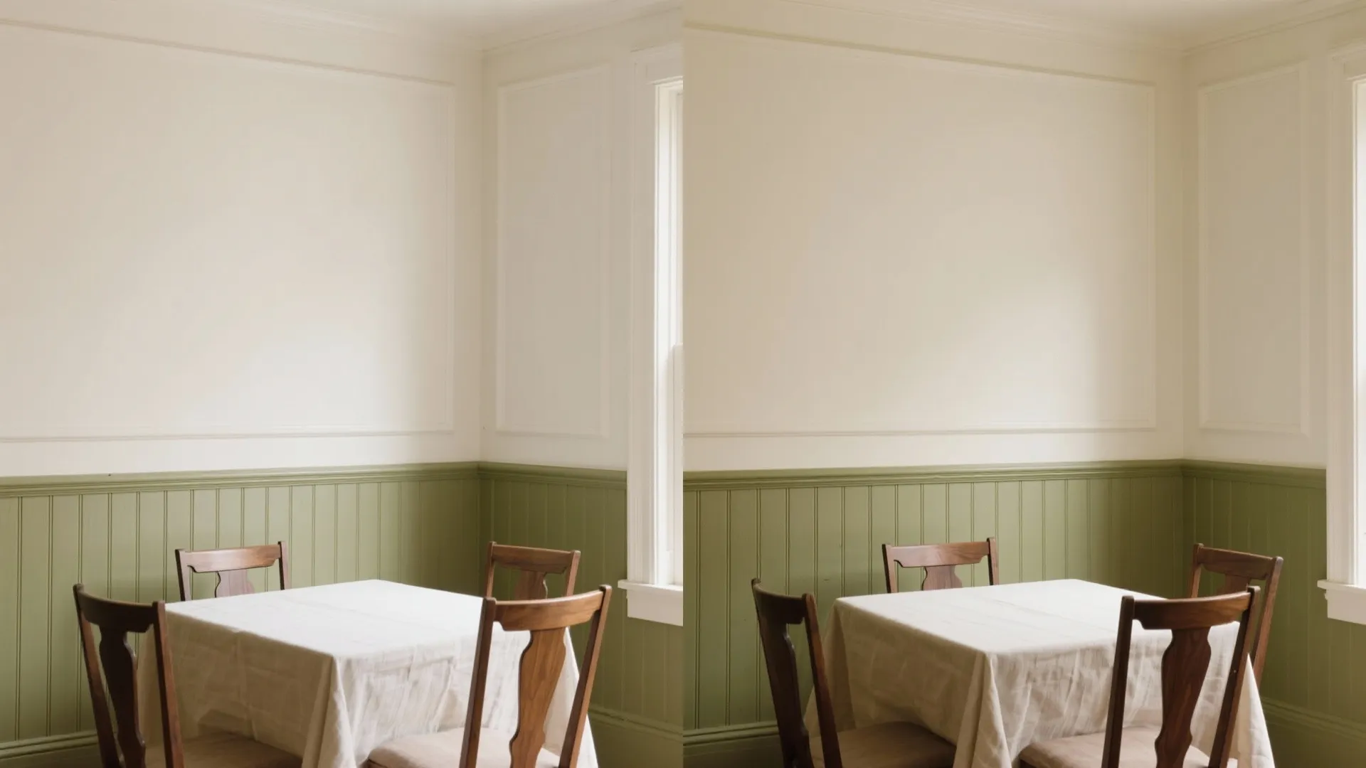 Green wall panel and white wall dining room with wooden chairs and table with white tablecloth