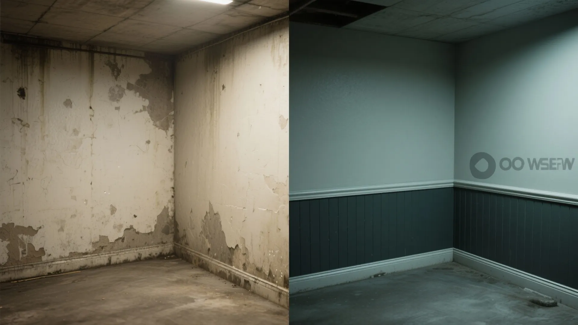 Before and after basement wall with two-tone low wainscoting and washable finish on the lower half.