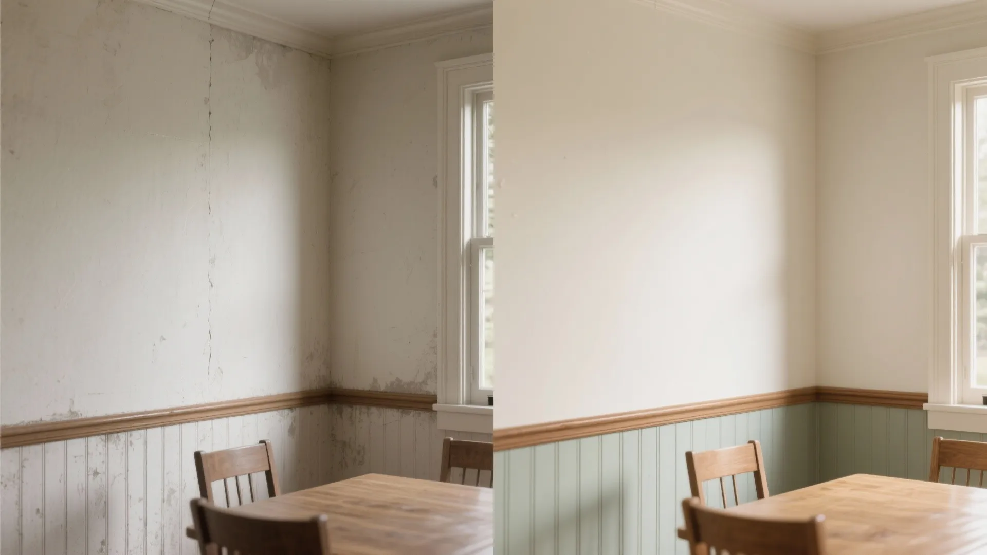 Before and after comparison of old white walls changed to clean green and white panels