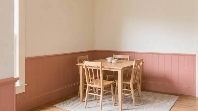 Soft Pink Wainscoting Dining Nook with Natural Wood