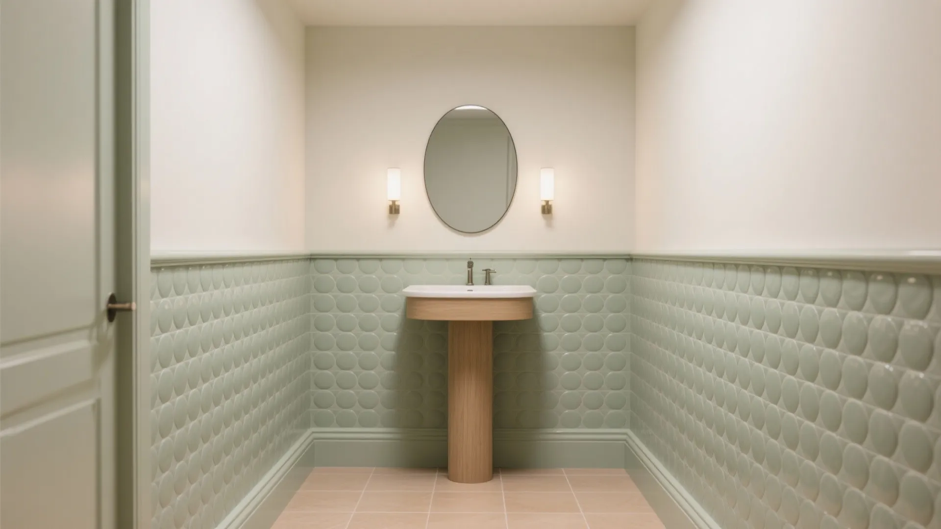 Bathroom with light green wall panels oval mirror two wall lights and wooden pedestal sink