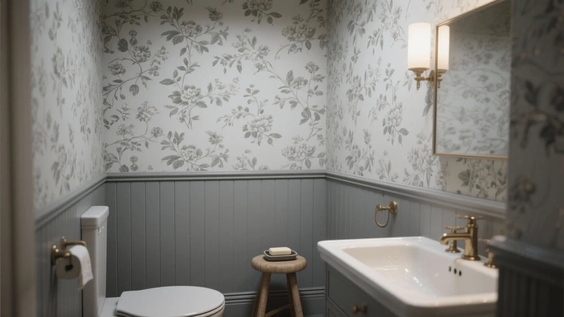 5. Two-tone wainscot with grey floral motif above