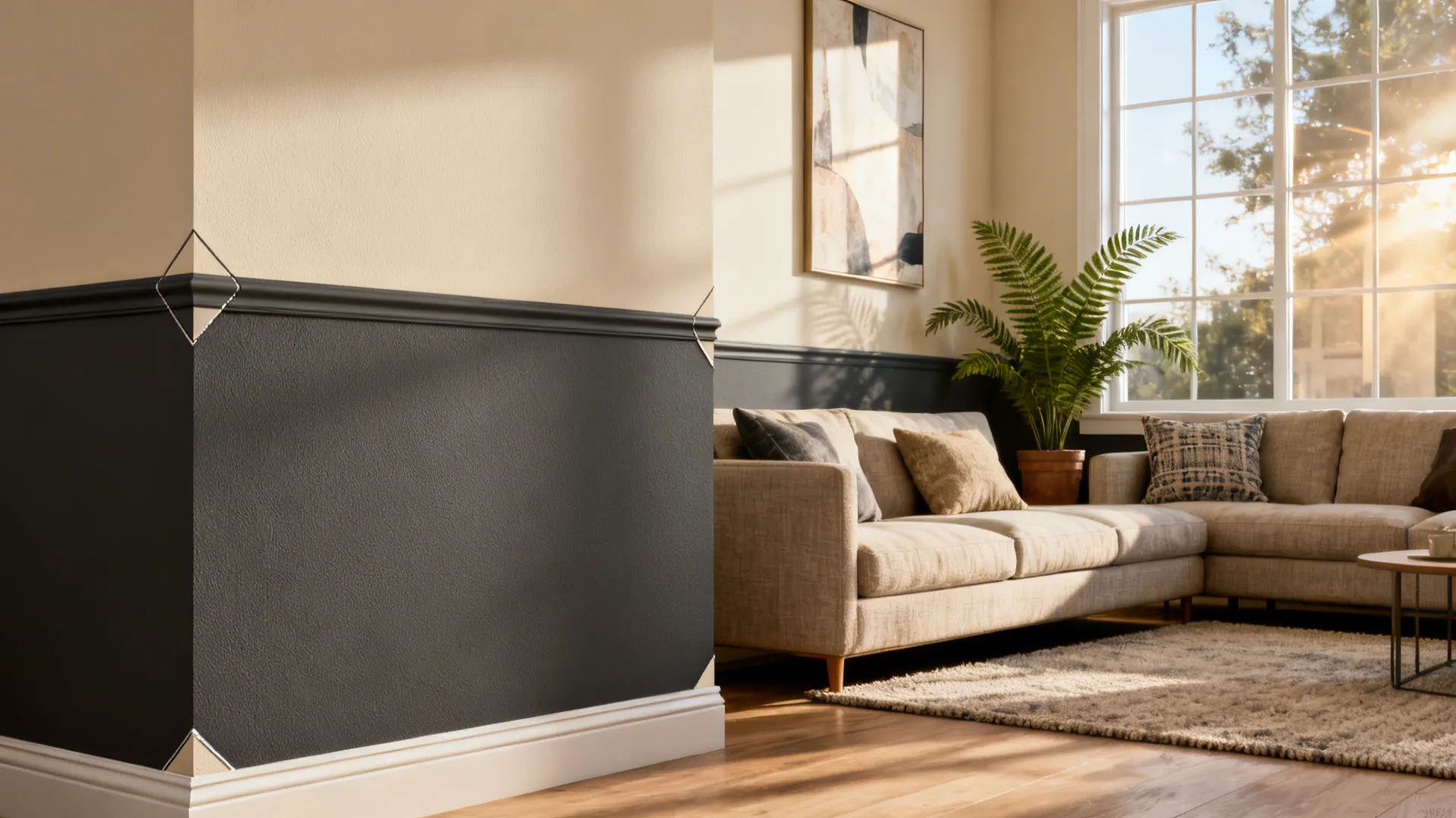 Living room with modern two-tone peel-and-stick wainscoting defining the seating area.