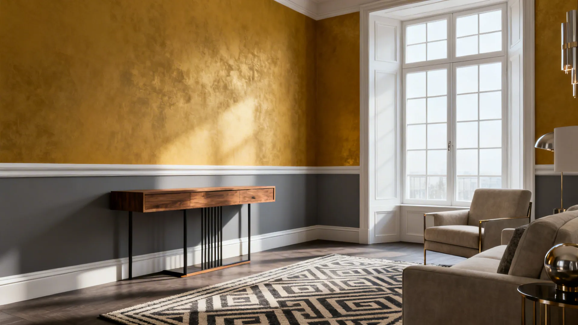 Elegant two-tone walls with warm grey above and golden-yellow below separated by chair rail.