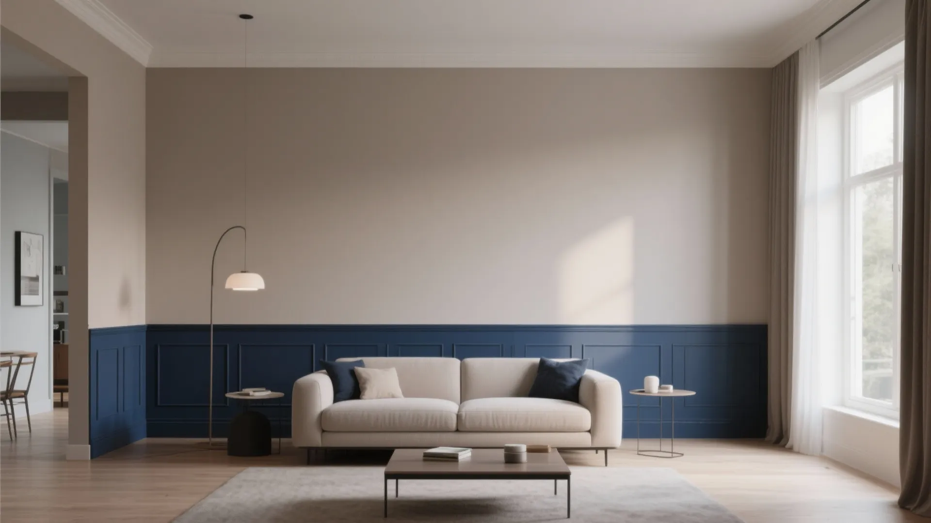 Modern living room featuring blue wall panel cream sofa floor lamp coffee table and natural light
