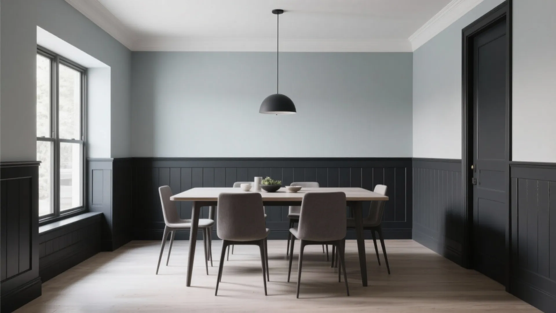 Dining area with dark grey wall panels and light blue walls beside a black door