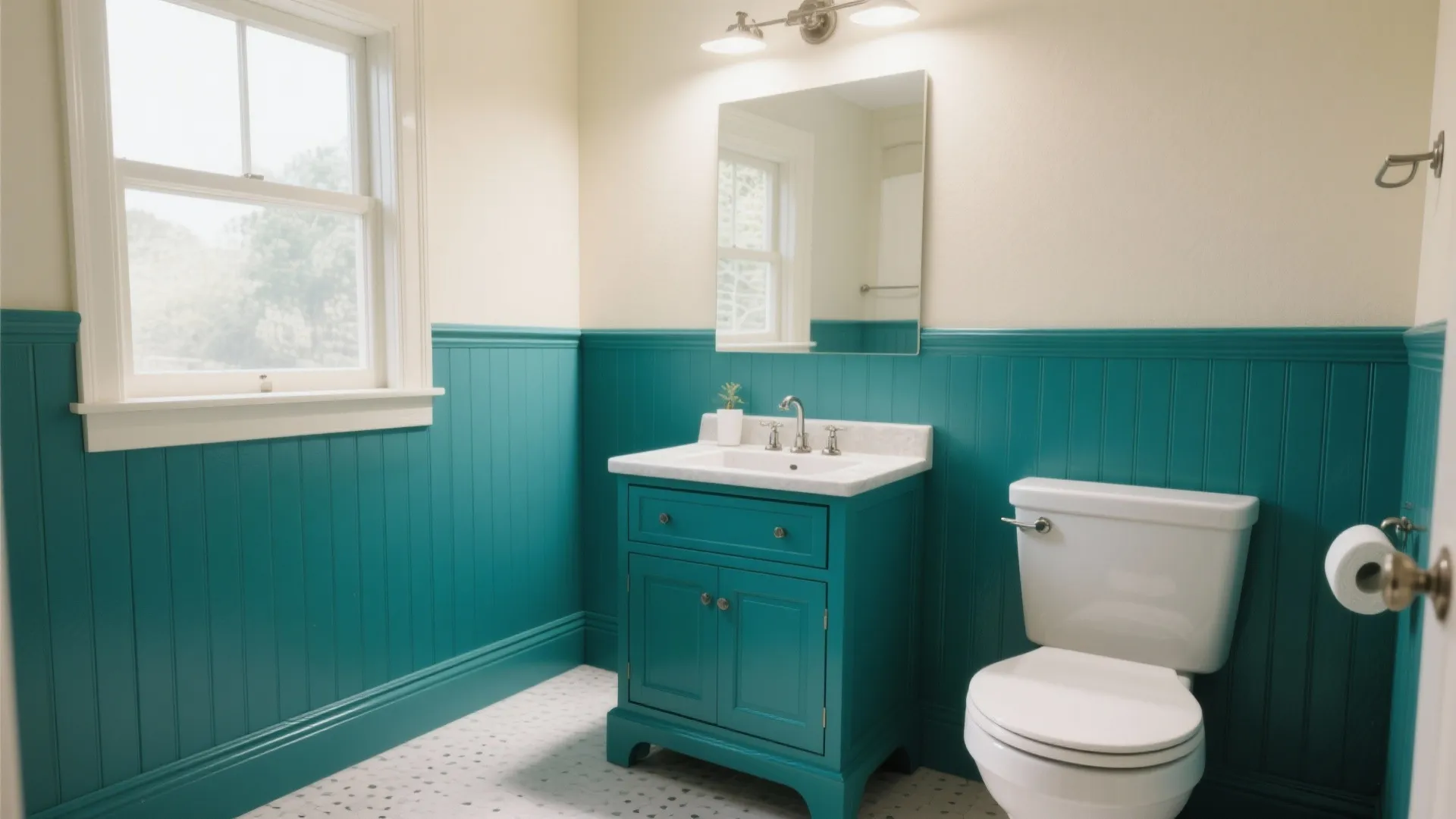 Bright bathroom featuring teal wall panel white sink cabinet toilet mirror and a large window view