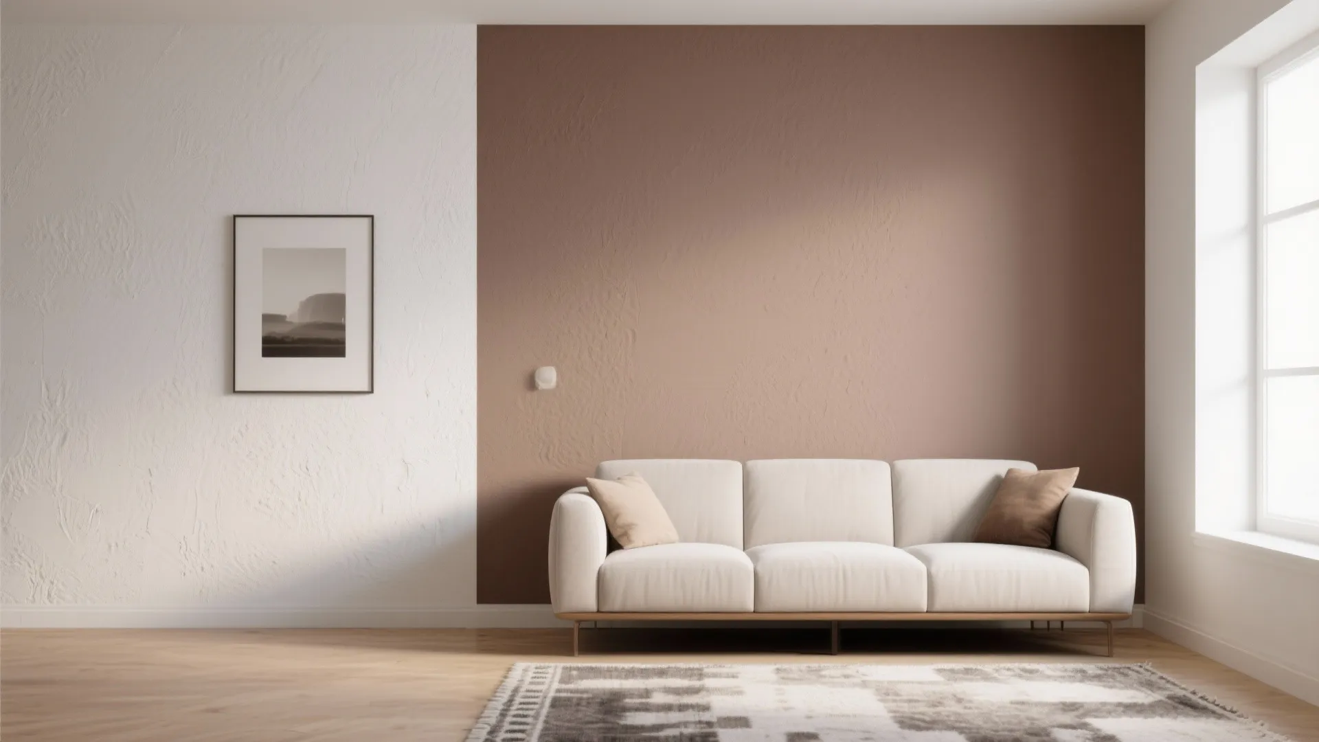 Living room interior with two tone brown and white wall and sofa plus rug and window
