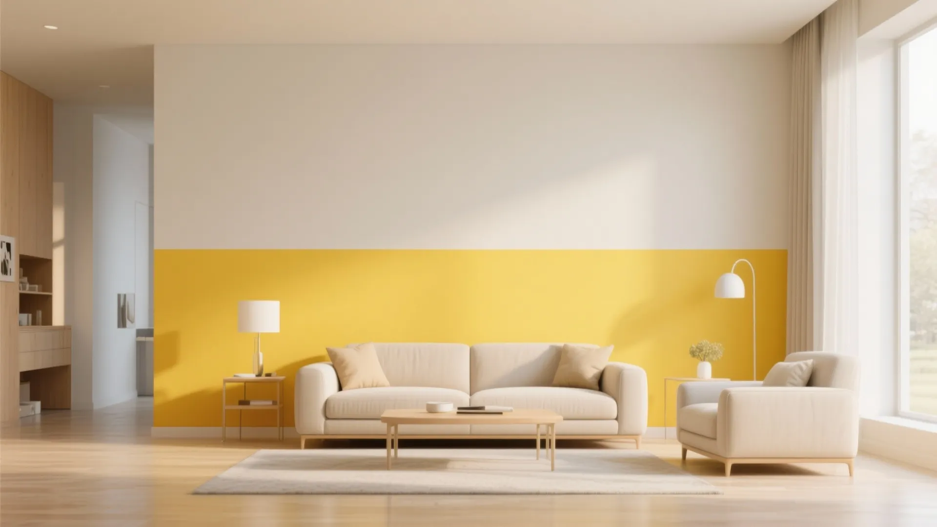 Living room with bold two-tone painted wall