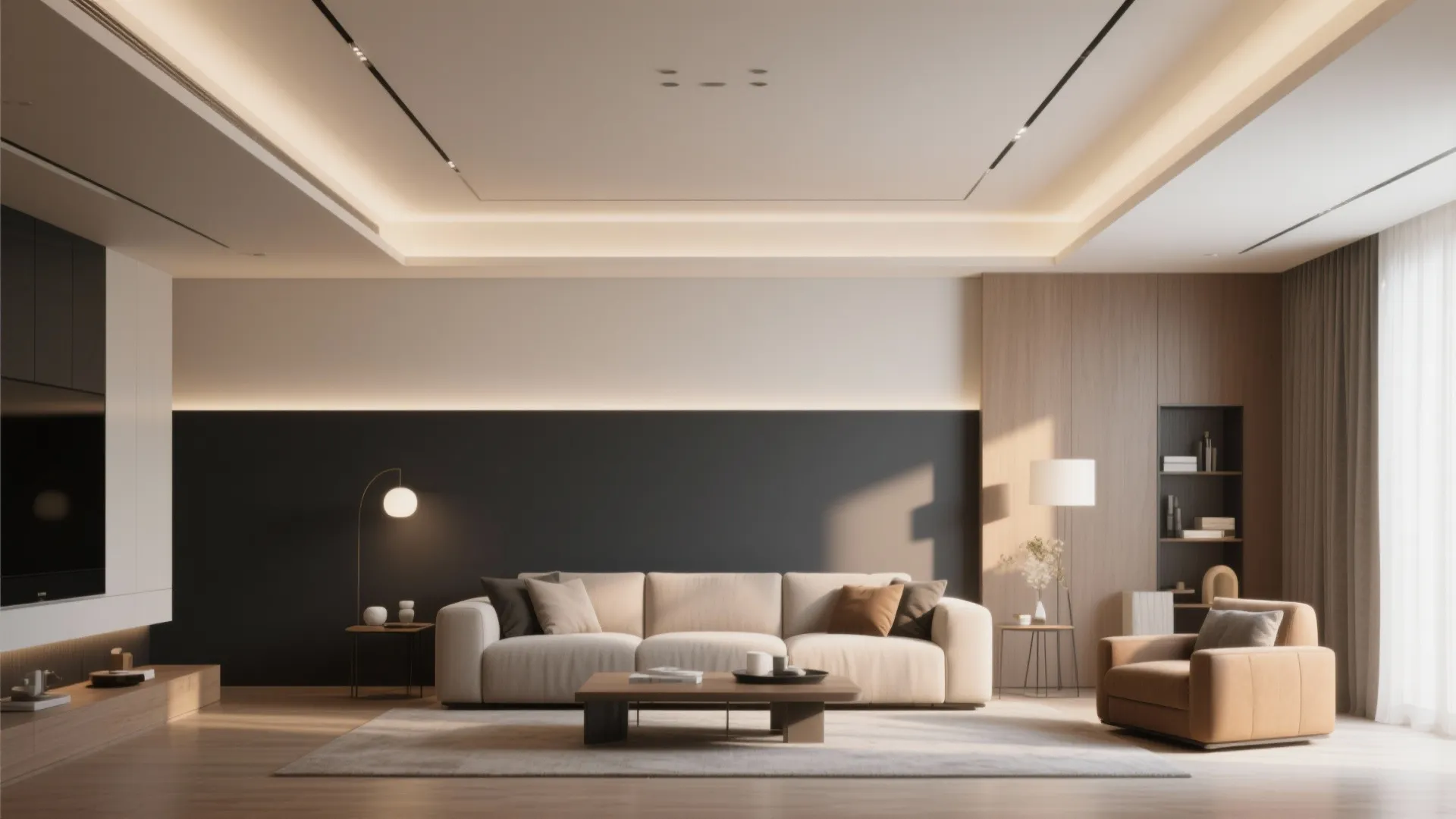 High ceiling living room with two-tone painted walls