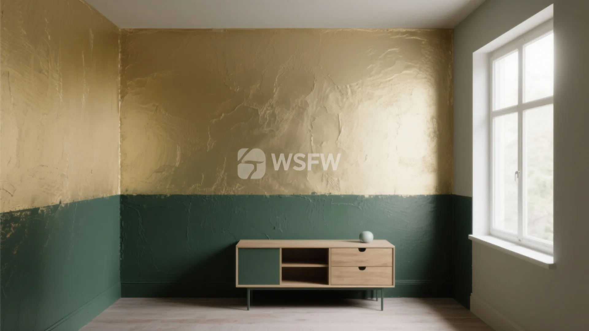 Small room with two-tone green and gold split wall