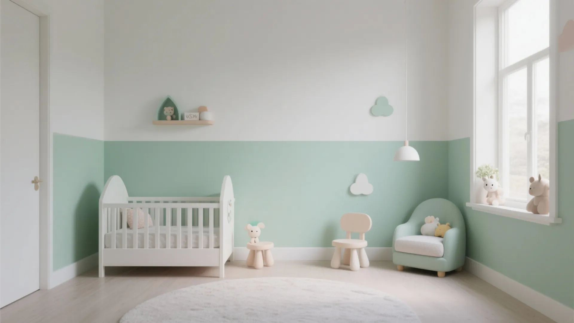 Nursery room with two tone green and white walls white crib small sofa and round rug