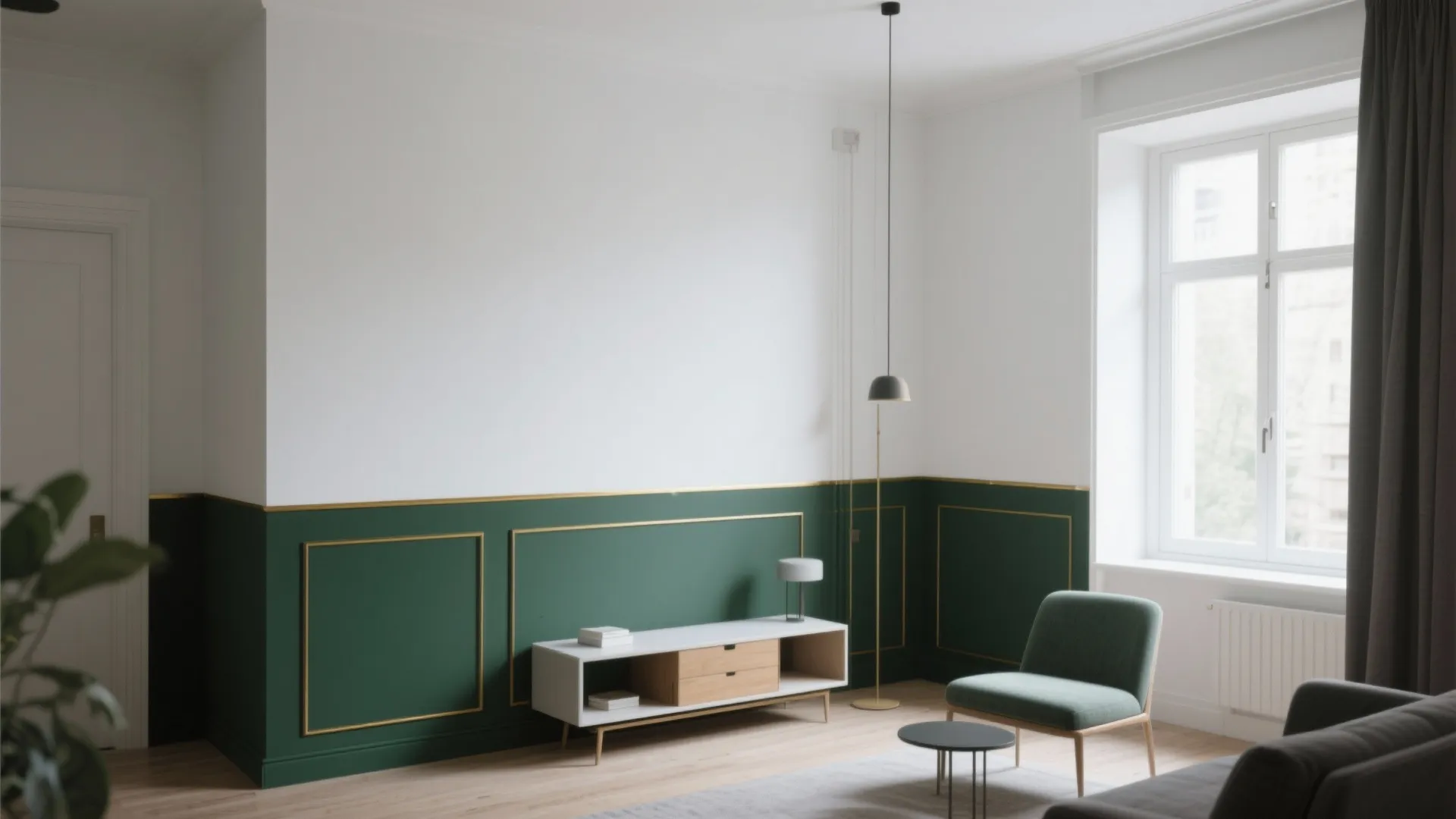 Living room with white upper wall and green wall panel on bottom part with cabinet